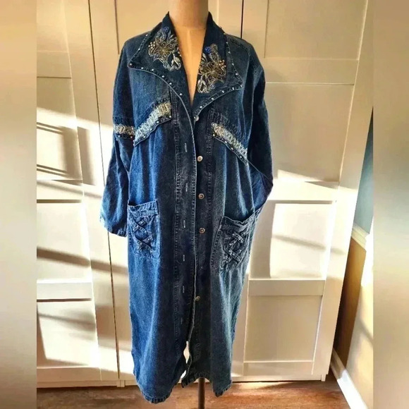 80's vtg Denim rhinestone metallic button front Oversize duster jacket Sz Small - Picture 2 of 8